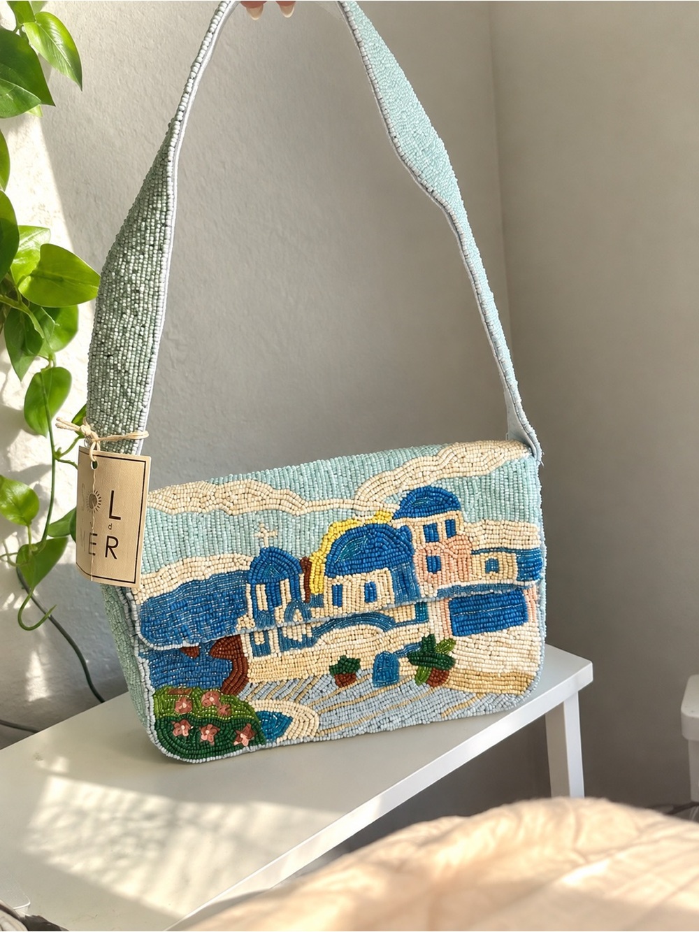 Embroidered Beaded Santorini Shoulder Bag in Light Blue